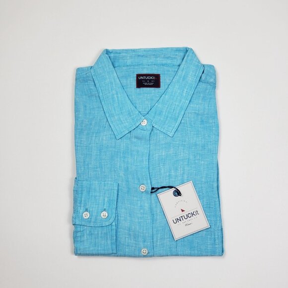 UNTUCKit Blush-Aqua Button-Up Shirt Womens Size 8 Aqua Blue Linen LS Regular Fit - Picture 2 of 14